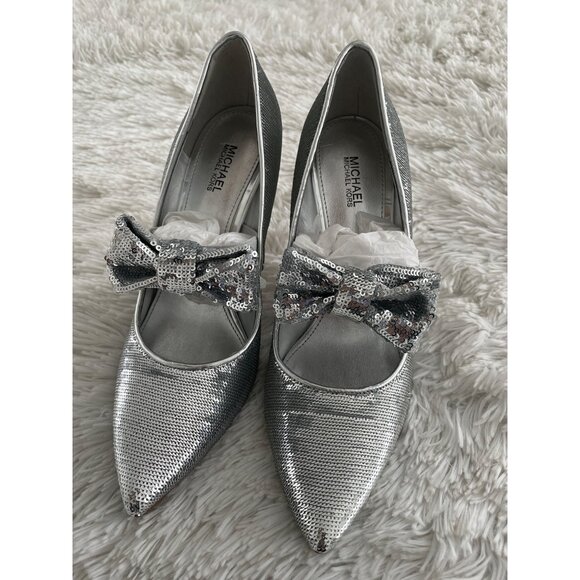 Michael Kors Silver Sequin Stiletto Heels With Bow Accent Size 8M - Picture 1 of 11